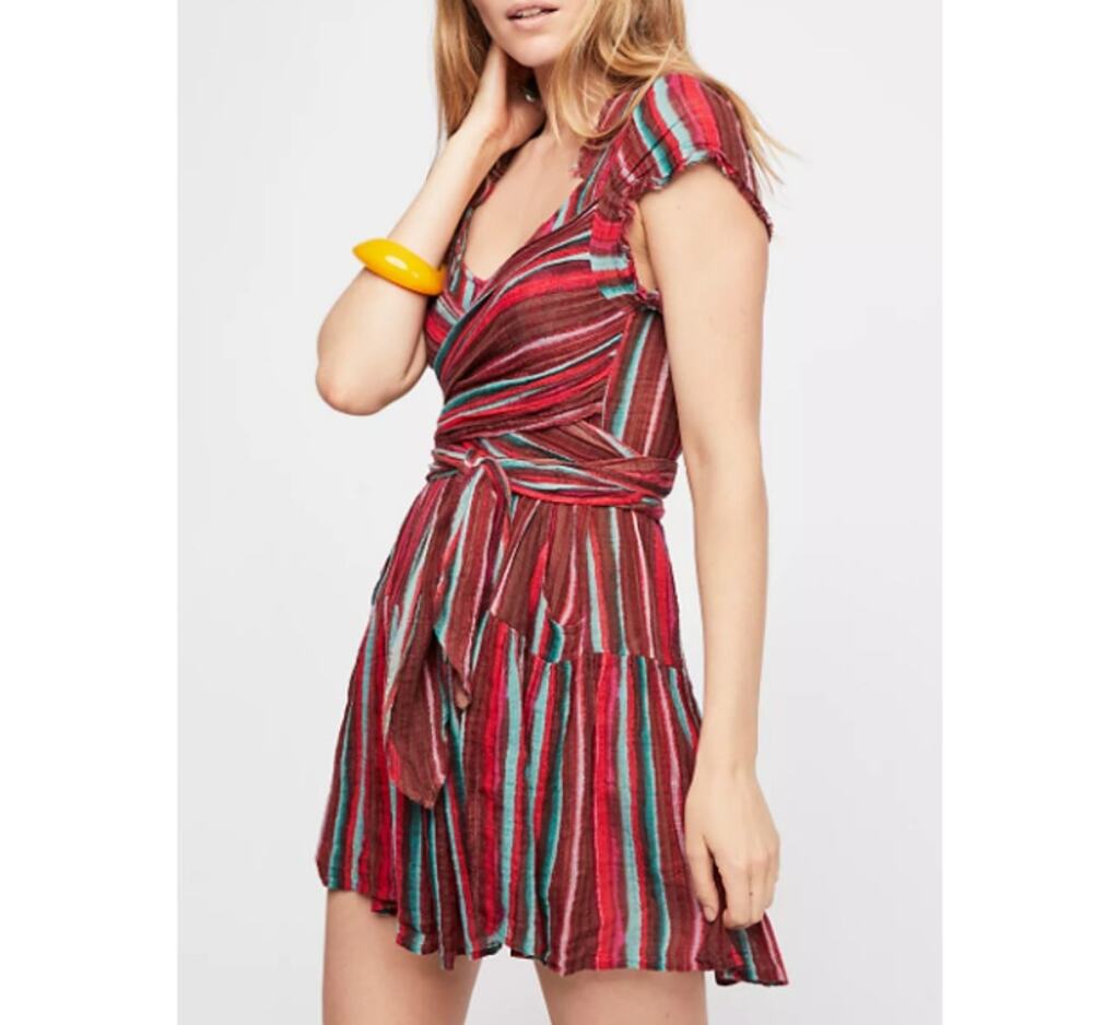 Free People FP One Women's Multi Gauzy Print Maia Striped Wrap Mini Dress Size S